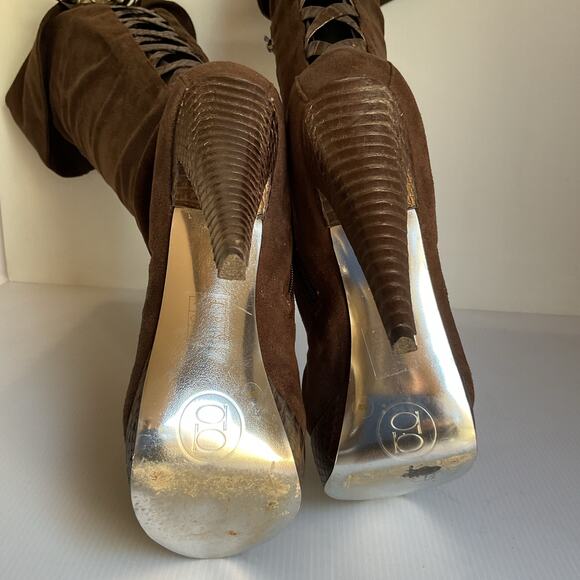 Bebe Brown Suede Over the Knee High Heel Boot with Back Lace-Up Festival Boho 8B - Picture 9 of 10